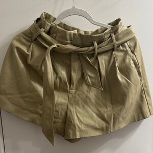 High-Waist Faux Leather Paperbag Skort in Olive